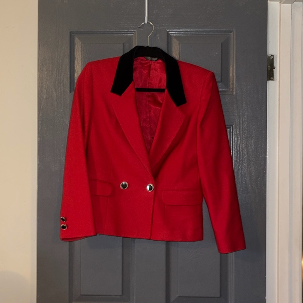 Patrick James {vintage} red wool blazer with black velvet collar detail